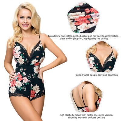 Deep V-neck Silk Floral Print One-piece Sleepwear - Image 5