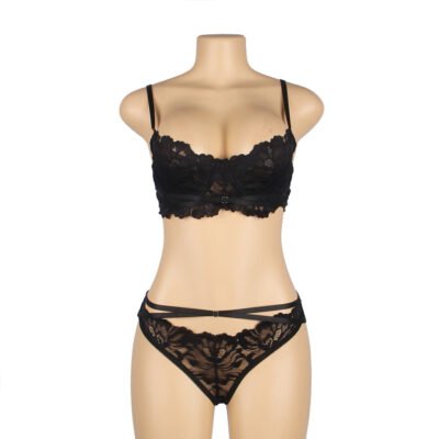 Black Floral Lace Adjustable Strap Underwire Bra Set - Image 4