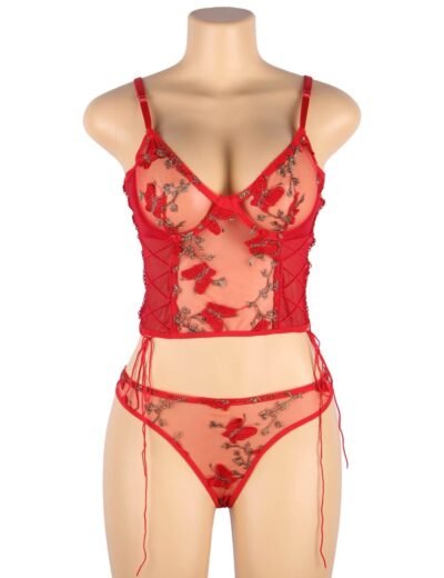 Red Butterfly Pattern Embroidery Mesh Lingerie Set With Underwire - Image 6