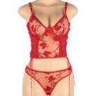 Red Butterfly Pattern Embroidery Mesh Lingerie Set With Underwire