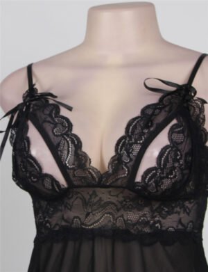 Black Lace Babydoll Lingerie with Sheer Mesh and Floral Lace Detail