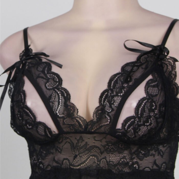 Black Lace Babydoll Lingerie with Sheer Mesh and Floral Lace Detail