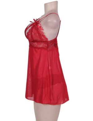 Red Lace Babydoll Lingerie with Sheer Mesh and Floral Lace Detail