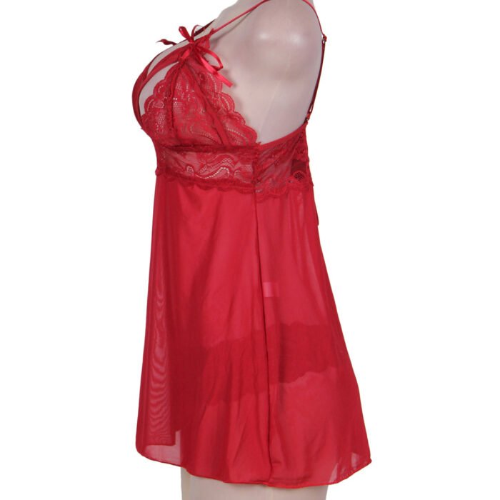 Red Lace Babydoll Lingerie with Sheer Mesh and Floral Lace Detail