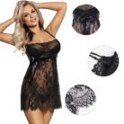 Black Floral Lace Babydoll Lingerie with Sheer Mesh, Satin Bow and Adjustable Straps