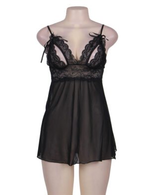 Black Lace Babydoll Lingerie with Sheer Mesh and Floral Lace Detail