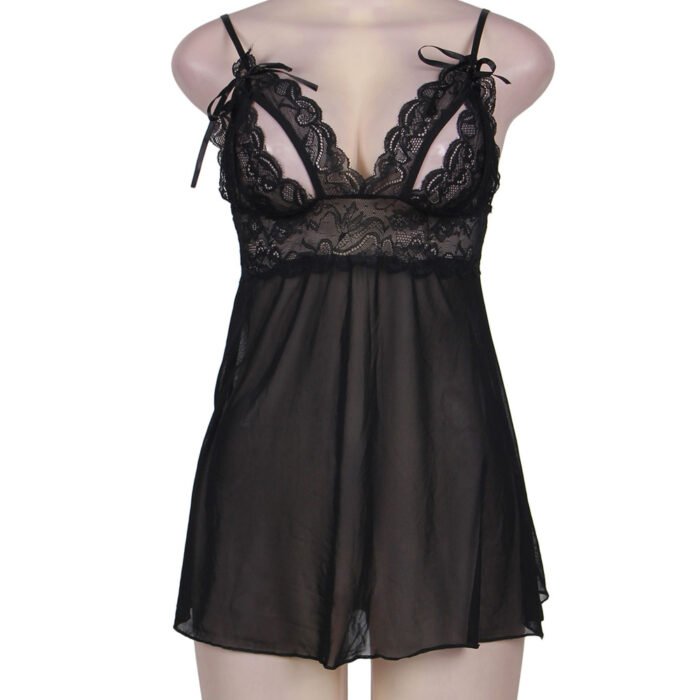 Black Lace Babydoll Lingerie with Sheer Mesh and Floral Lace Detail