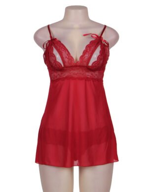 Red Lace Babydoll Lingerie with Sheer Mesh and Floral Lace Detail