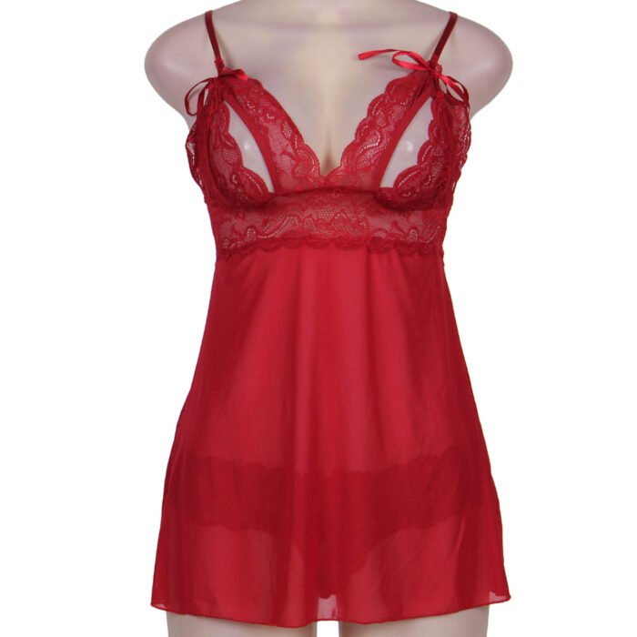 Red Lace Babydoll Lingerie with Sheer Mesh and Floral Lace Detail